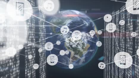 Animation-of-globe,-network-of-connections-with-icons-over-computer-servers