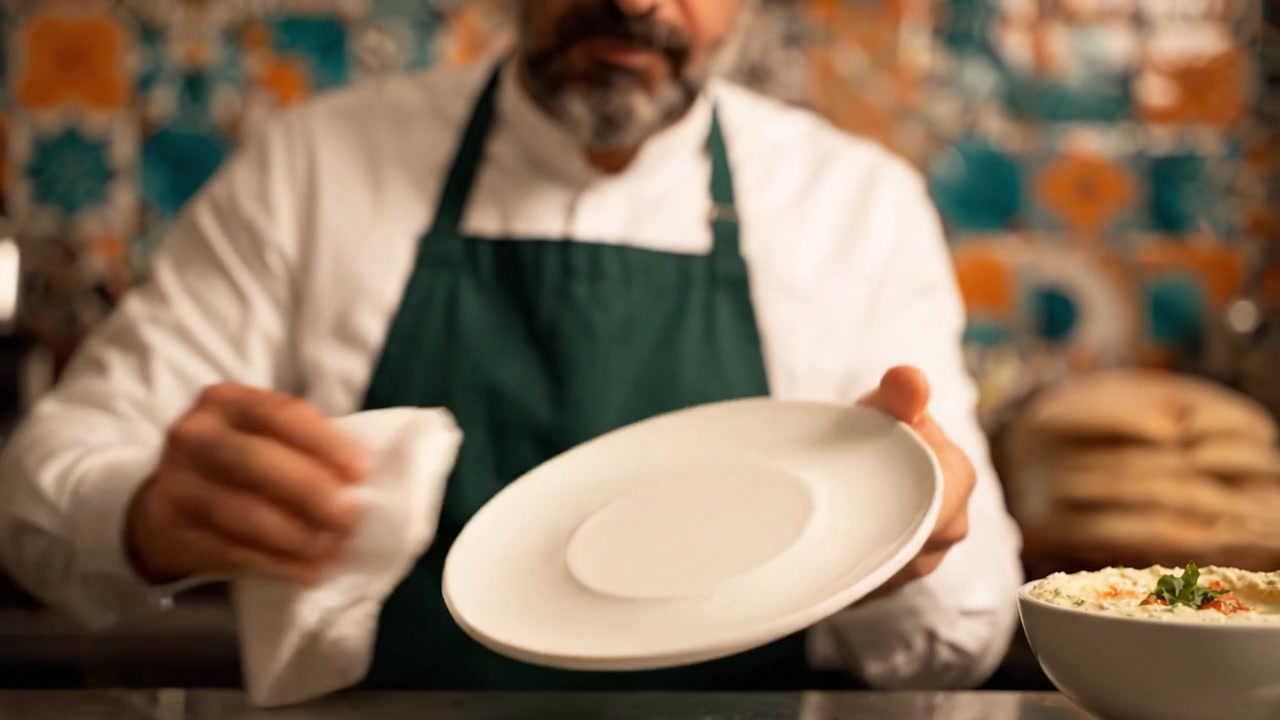 A skilled chef meticulously cleans a plate in an inviting kitchen environment, showcasing professionalism and attention to detail in food presentation and preparation.