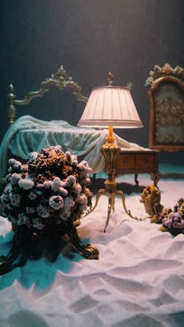 antique bedroom furniture sinking into the seabed, light beams filtering through the water and illuminating the scene, creating a surreal, dreamlike atmosphere filled with mystery and tranquility