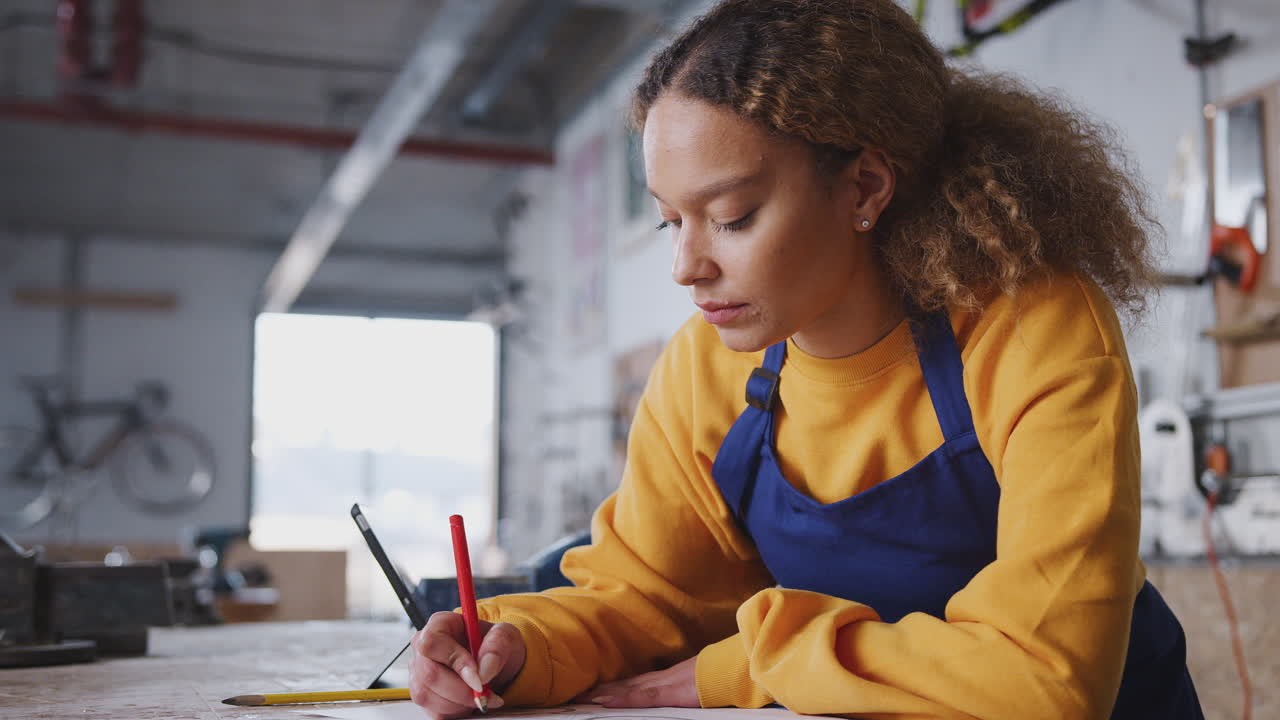 Female Business Owner In Workshop Making Notes On Plan For Bicycle