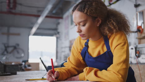 propietaria de un negocio en el taller tomando notas sobre el plan para la bicicleta