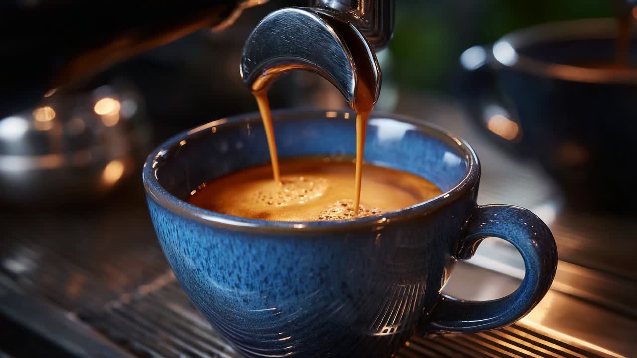 A Close-Up Capture of Espresso Extraction Inside a Beautiful Blue Coffee Cup, Showcasing the Art of Brewing in Two Distinct Frames that Highlight the Rich Crema and Aroma of Freshly Made Coffee