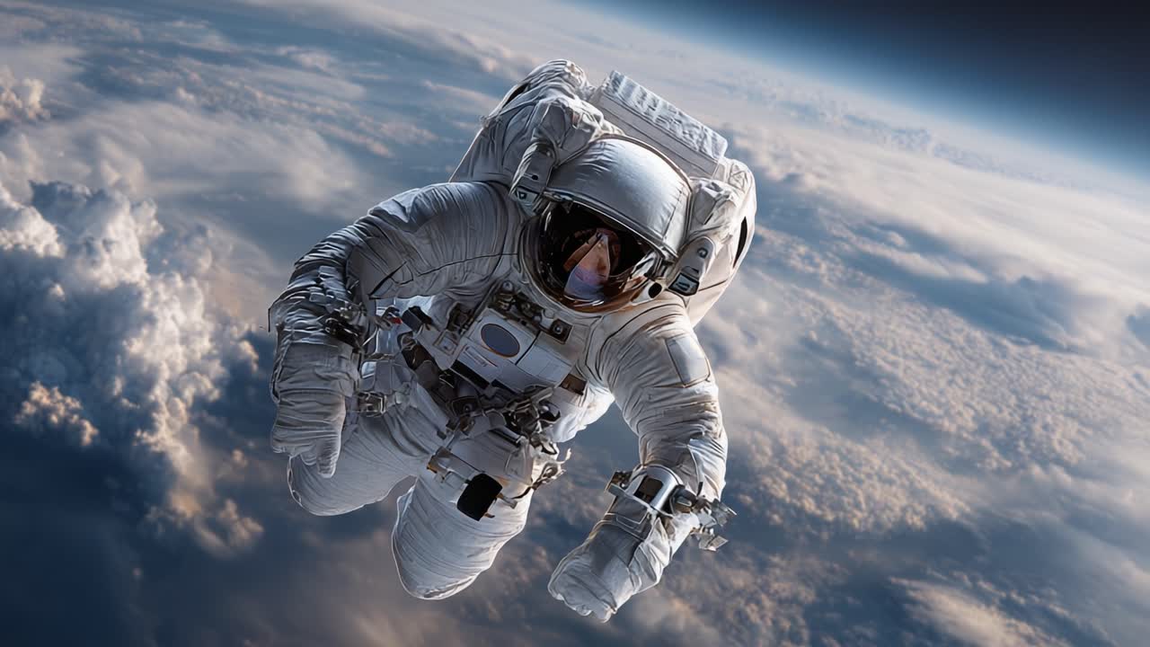 An astronaut floats gracefully above the clouds, captured in stunning detail, showcasing the serene beauty of space exploration and human ingenuity in a breathtaking environment