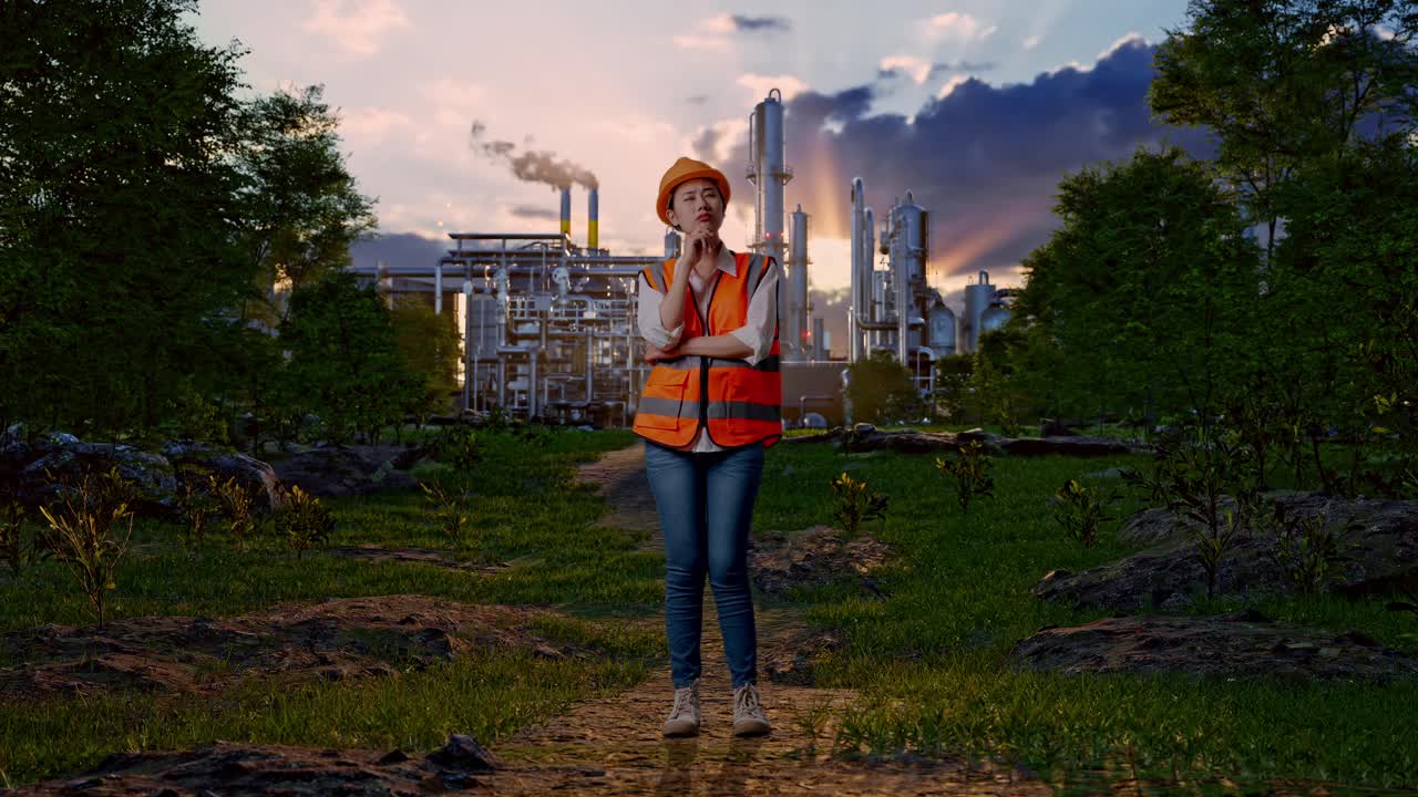 Full Body Of Asian Female Engineer With Safety Helmet Thinking And Looking Around Then Raising Her Index Finger While Standing In Front Of Oil Refinery