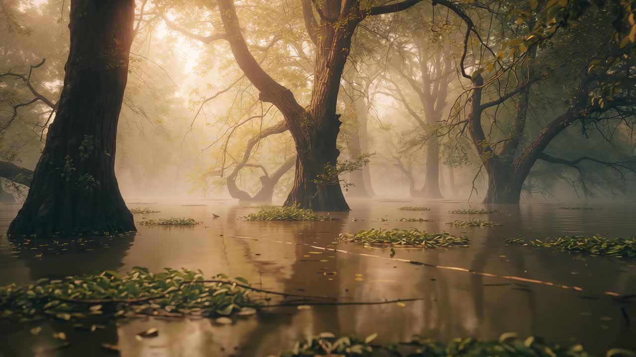 Panning camera across flooded forest golden dawn light piercing mist, revealing gnarled tree trunks