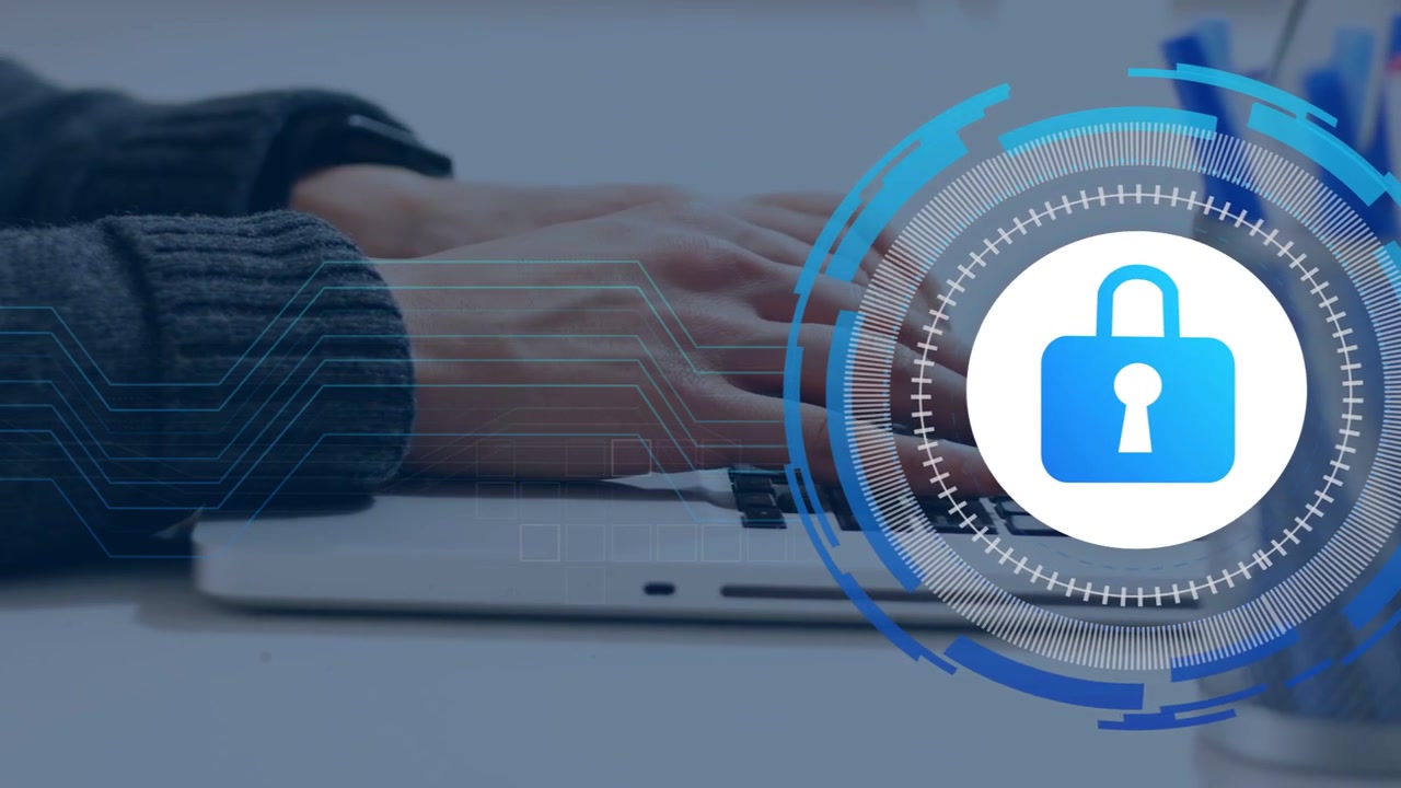 Man typing on laptop at desk, initiating cybersecurity padlock HUD expanding and overlaying hands