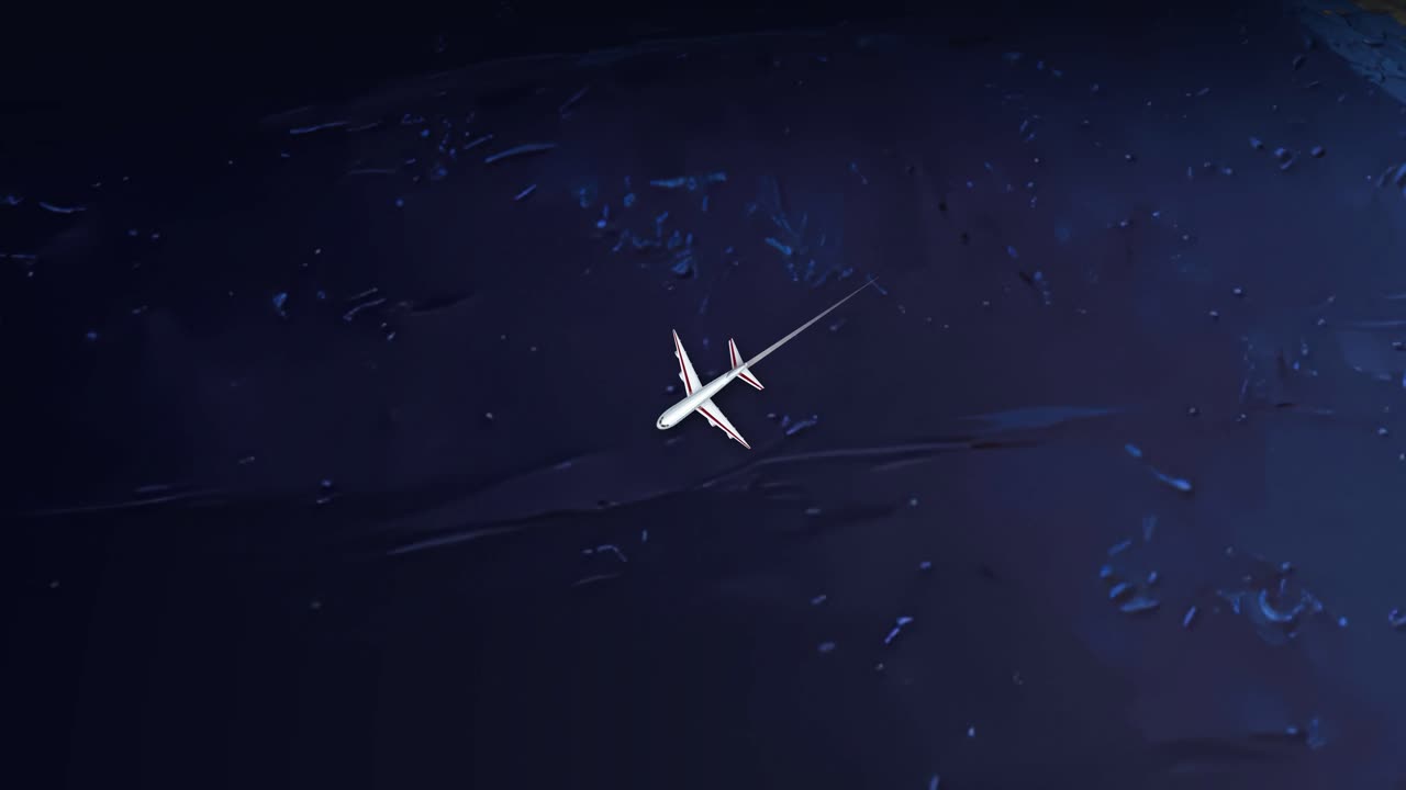 En digital animation följer ett flygplan som flyger över hela världen från Nevada till Australien.