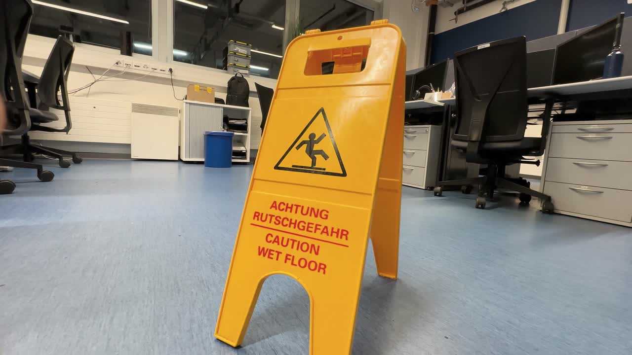 Yellow caution wet floor sign in an office environment, representing workplace safety and accident prevention