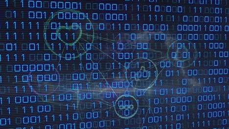 animation of binary coding over media icons on black background