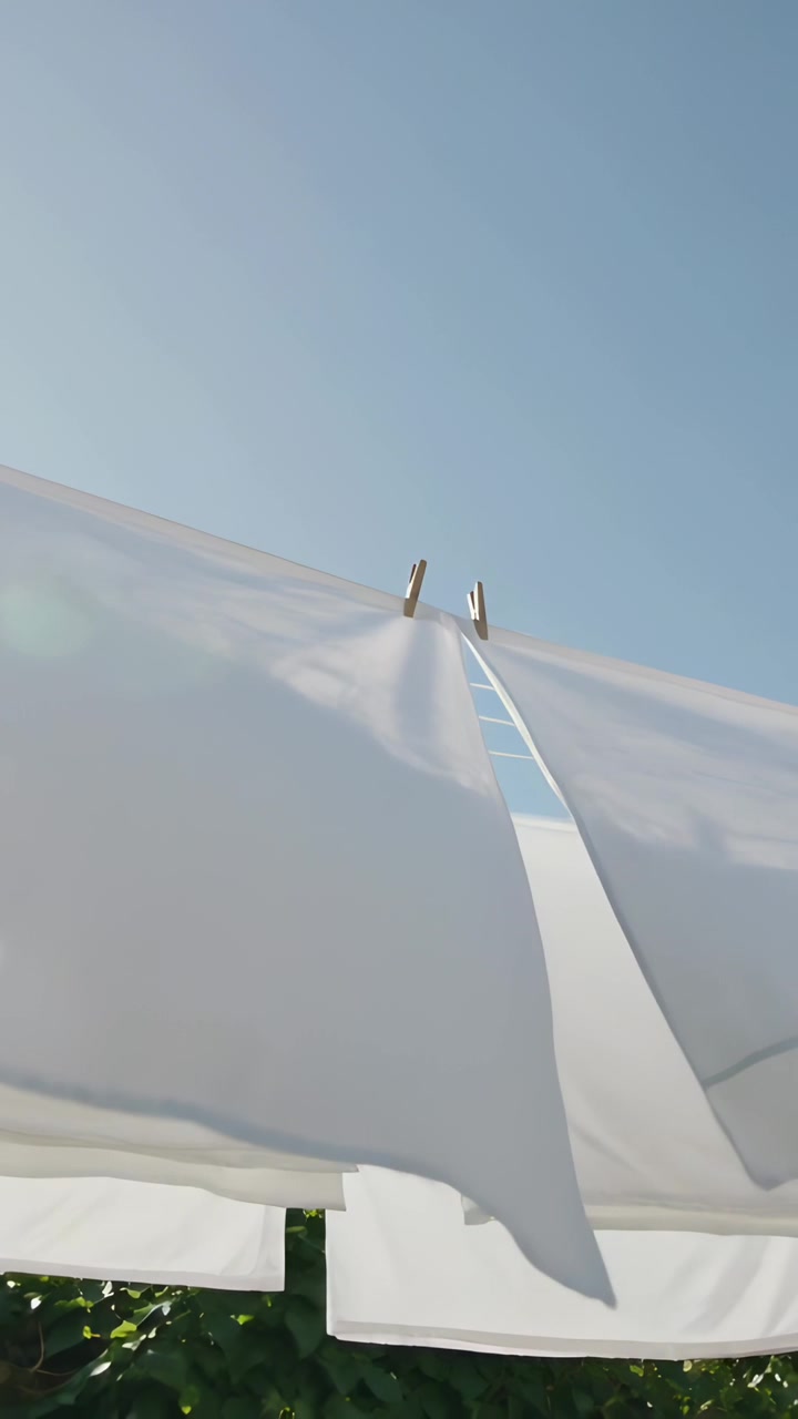Vertical video: Flapping white sheets shifting from gusty breeze on yard line, showing clothespins