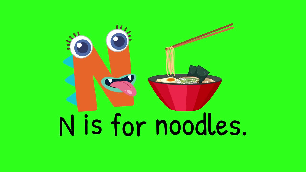 Playful animation of letter N with noodles on green background. Engaging, colorful, educational content for children