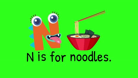 playful animation of letter n with noodles on green background. engaging, colorful, educational content for children