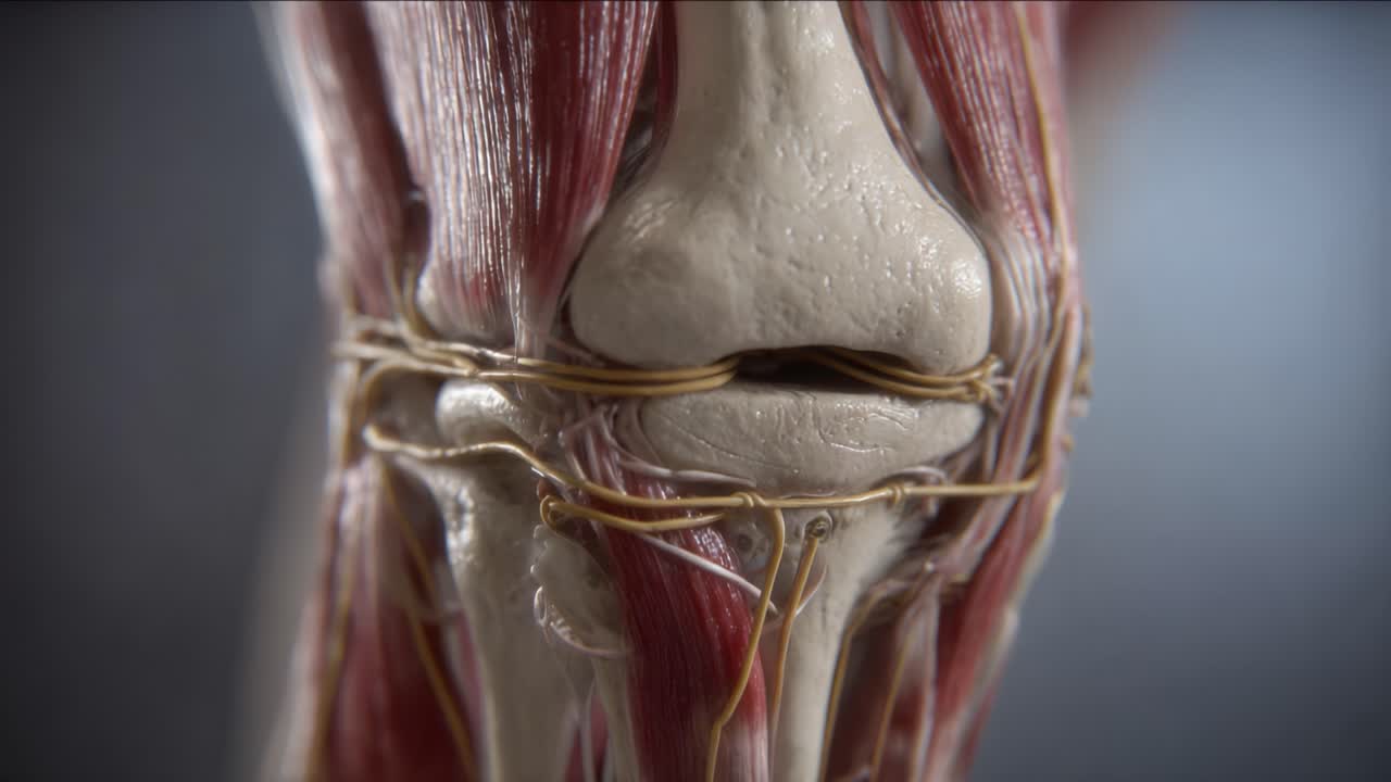 Vista anatomica dettagliata dell'articolazione del ginocchio umano, con particolare attenzione alla struttura muscolare e dei legamenti in alta definizione