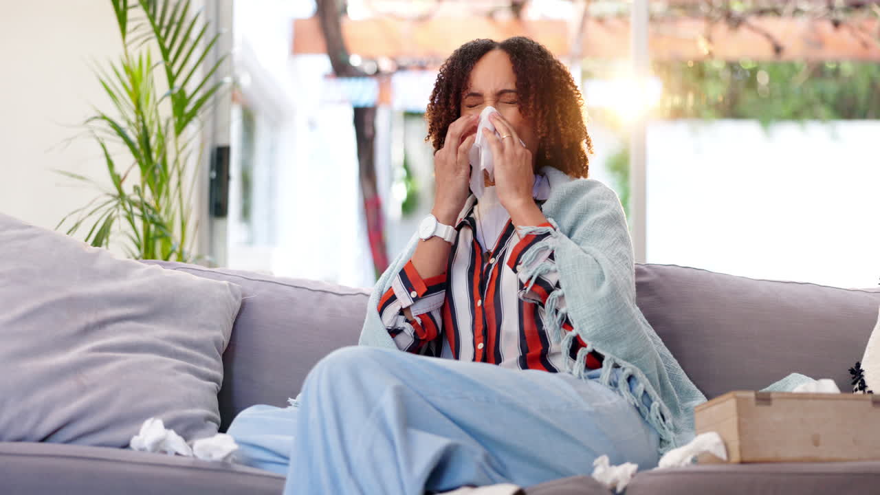 A woman suffering from a cold or flu at home