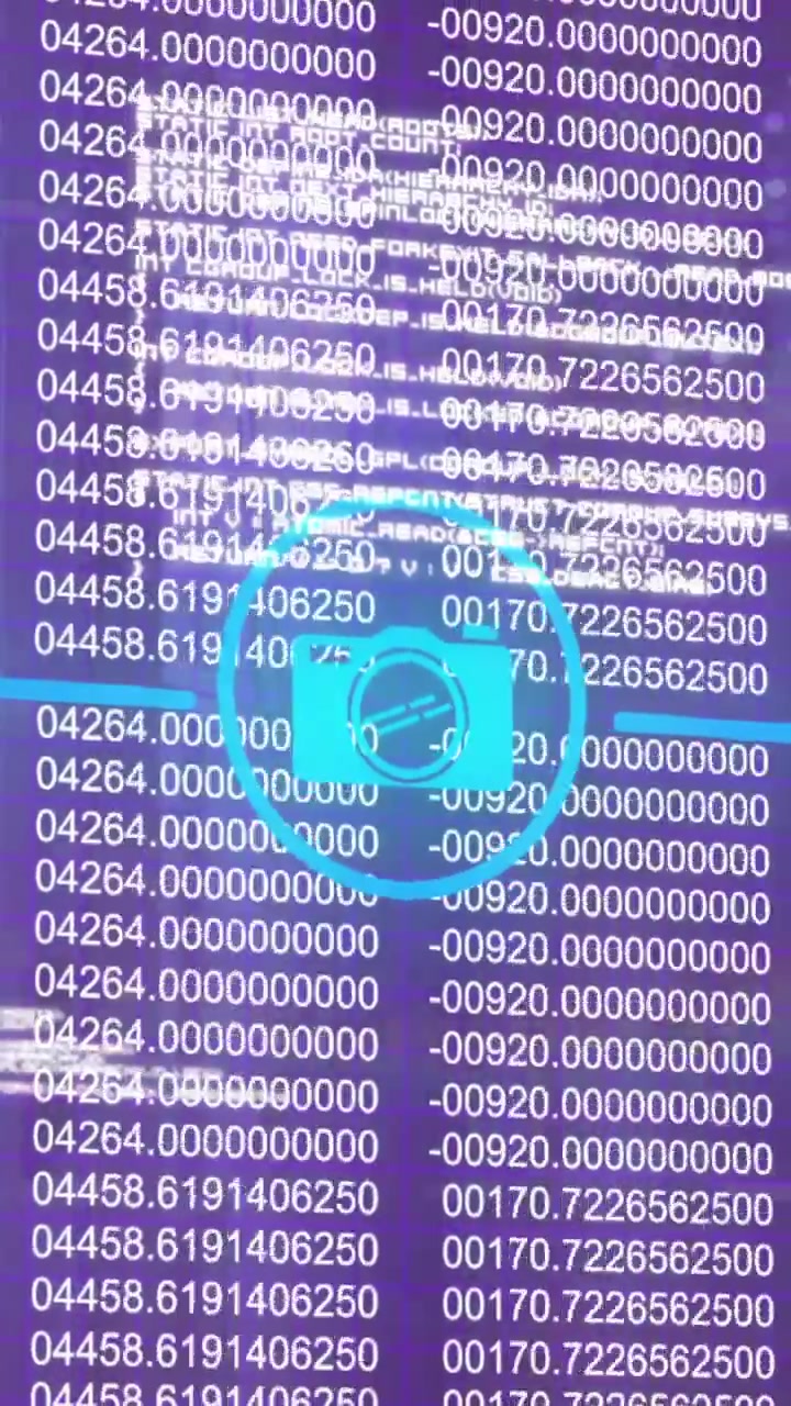 Digital data processing animation over binary code and blue icons on purple background