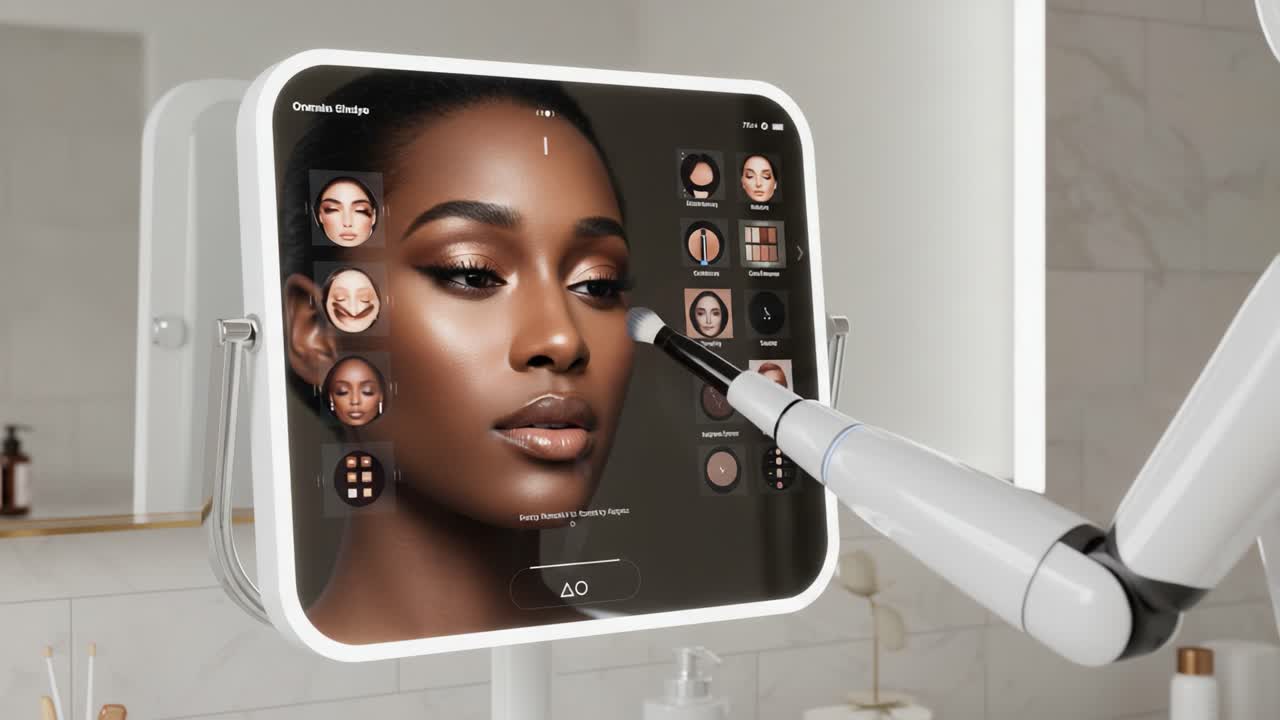 Exploring Advanced Beauty Technology: A High-Tech Device Enhancing Makeup Application on the Portrait of a Woman, Analyzing Various Cosmetic Options and Techniques