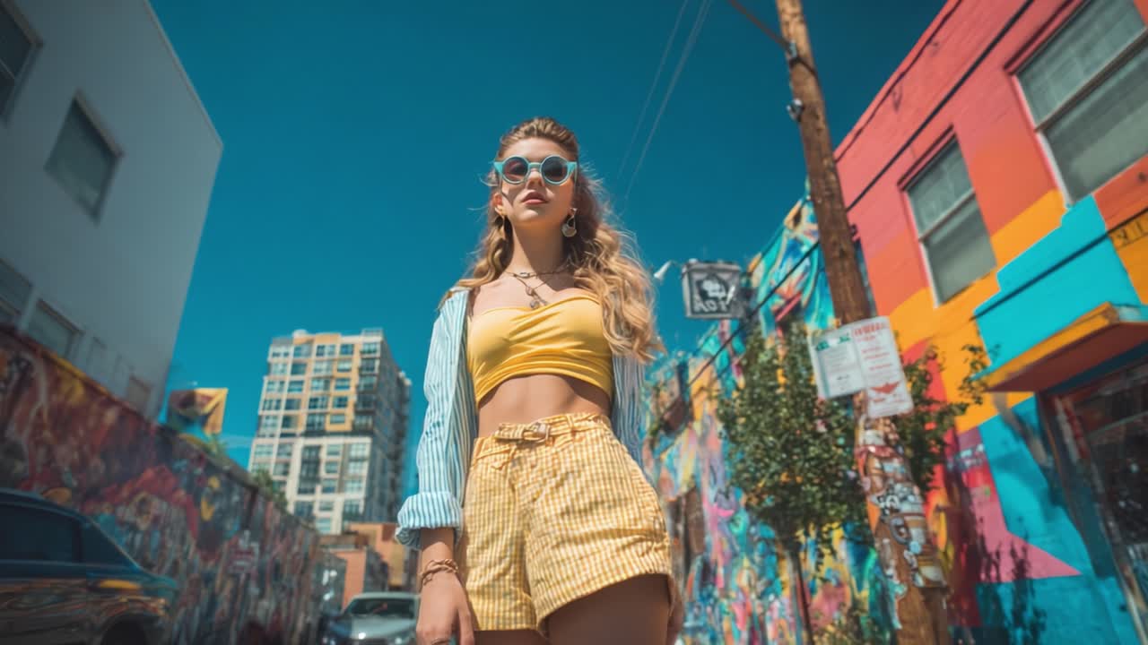 A confident young woman poses stylishly against a vibrant urban backdrop, showcasing her fashion-forward outfit that combines a sunny yellow crop top with trendy striped shorts and accessorized sunglasses