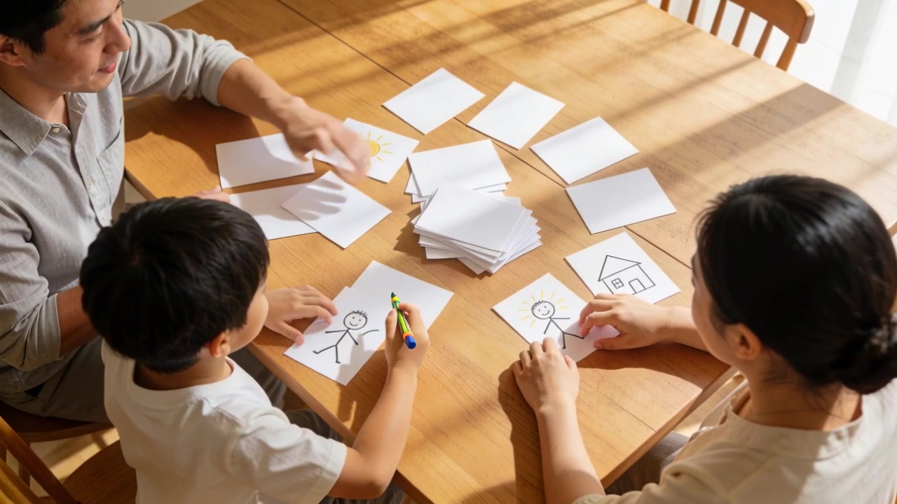 Drawing family trio after child picking up marker, arranging cards on dining table with sunlight