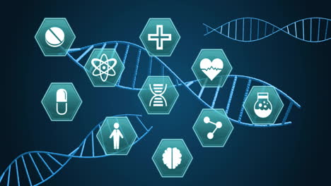 animation of medical icons over dna strands on blue background