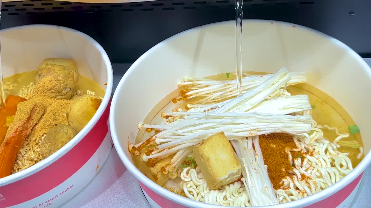 태국 방 에서 인스턴트 누들 컵 에 뜨거운 물 을 부어 넣는 것