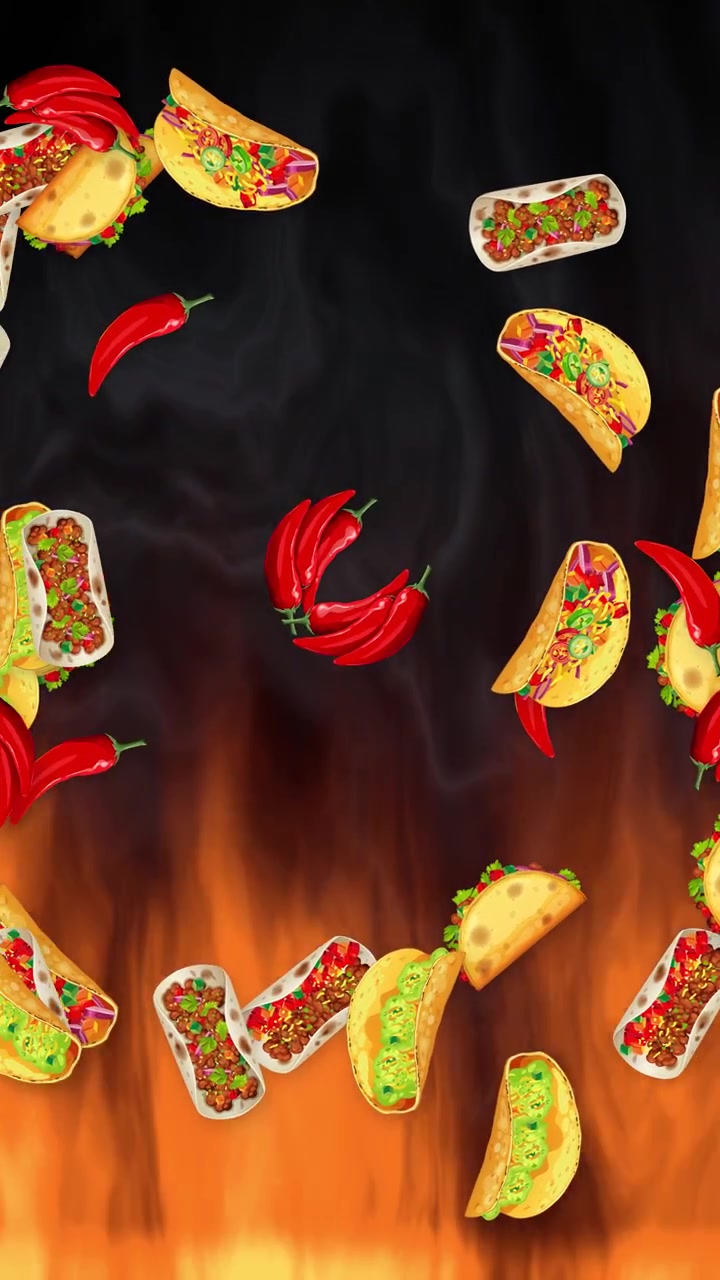 Animerede tacos og røde chilier falder mod en baggrund af flammer og røg