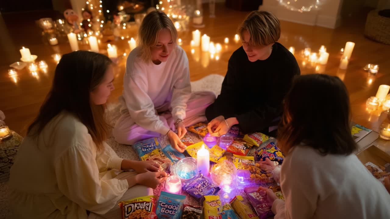 Un intimo ritrovo di amici circondati da candele e dolci, per celebrare l'amicizia e i momenti gioiosi con caramelle colorate e luci incantevoli.