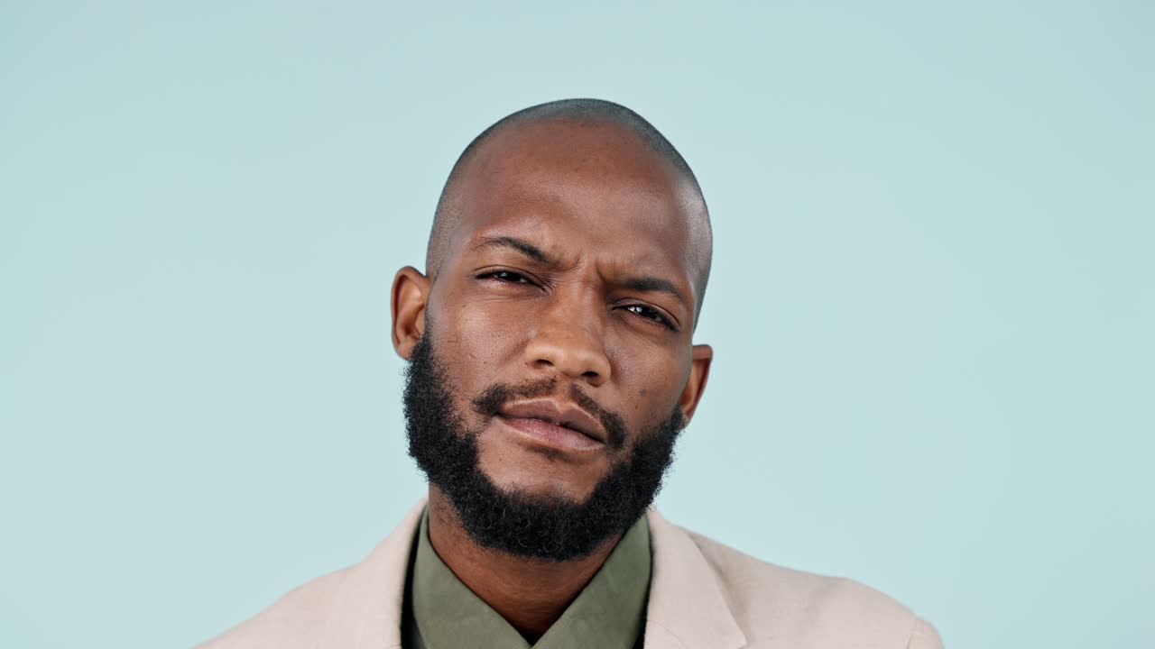 Thinking, doubt and face of black man confused