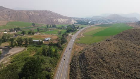 Aerial-Views-of-Cariboo-Highway-near-Desert-Hills-Ranch-Farm-Market-and-Cache-Creek,-BC,-Canada