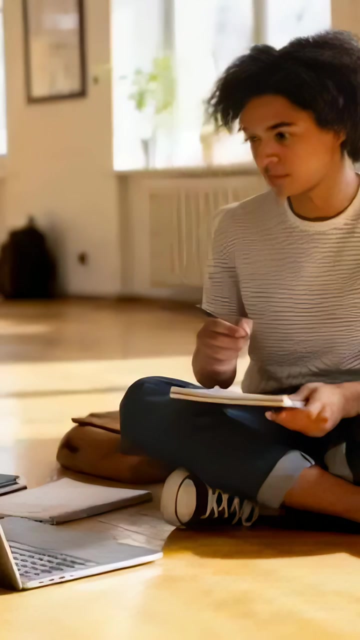 Vertical video: Writing person leaning to laptop copying notes on pad in sunlit room in striped tee