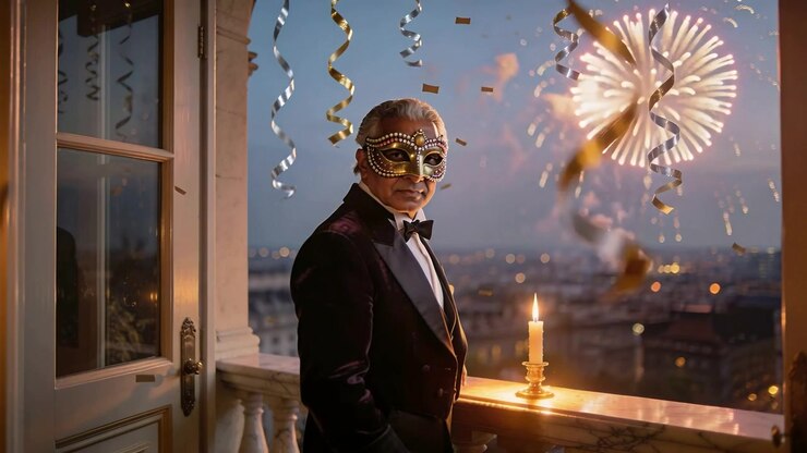 Fuochi d'artificio che iniziano, anziano con maschera da ballo e smoking che si gira verso la telecamera su un balcone, con una candela accesa