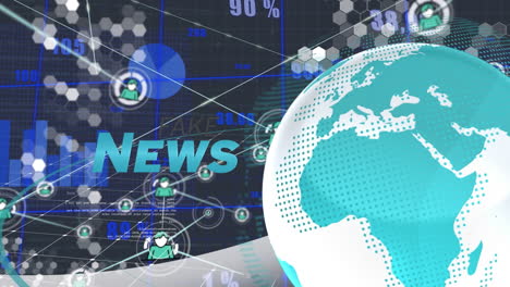 animation of globe, numbers, fake news text, programming language and graphs on black background