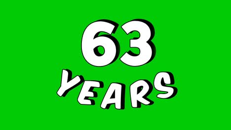 number 63 years text animation motion graphics cartoon on green screen.celebration, anniversary, birthday concept for video element