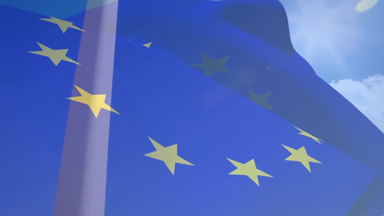 Animazione della bandiera dell'UE su operaio caucasico e turbina eolica