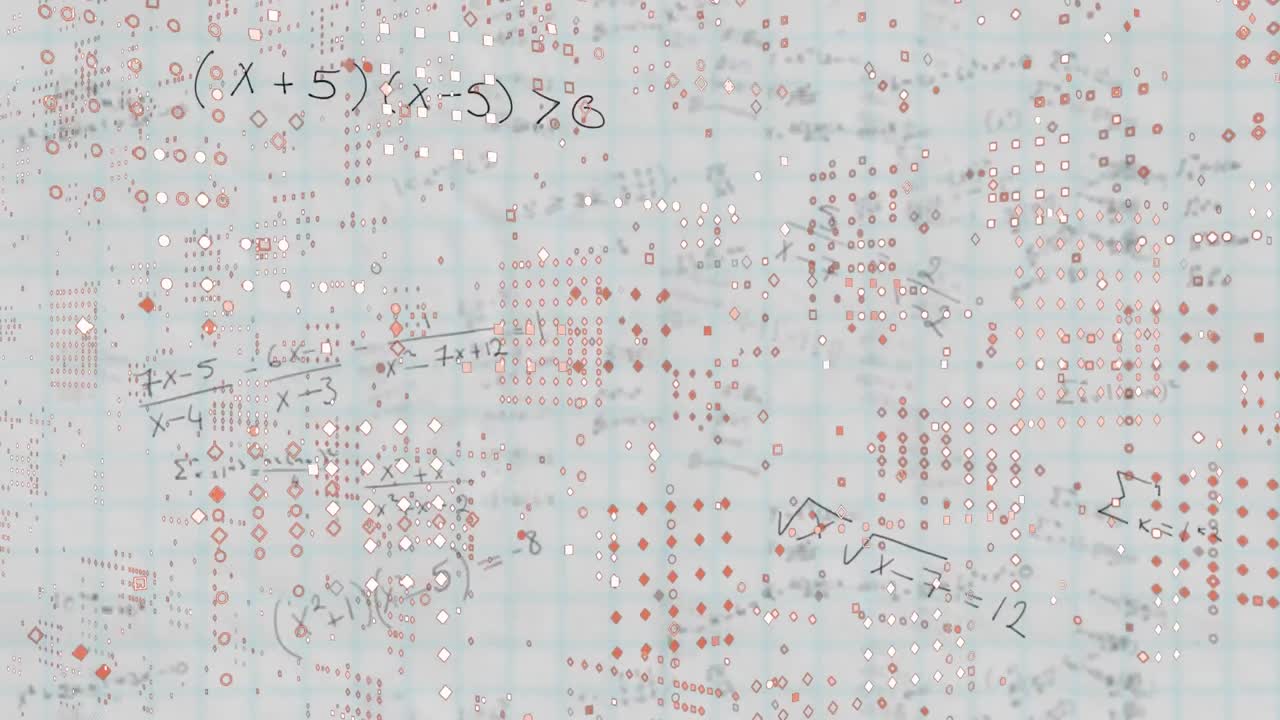 Animation of falling mathematical equations over whiteboard and multicolored dots in background