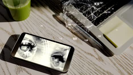animación de un teléfono inteligente que muestra los ojos de una mujer con una red de conexiones