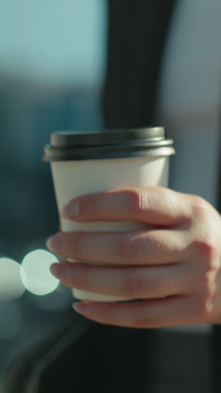 Close up of lady in business suit holding coffee cup while walking with notepad by glass building reflecting cityscape, with focus on hand and beverage in natural light and blurred urban background