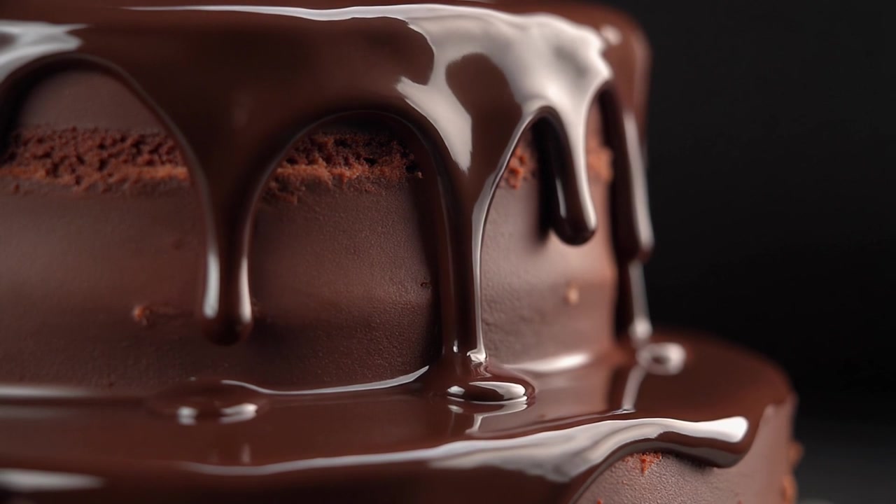 Ricca ganache al cioccolato che cola su una sontuosa torta a strati