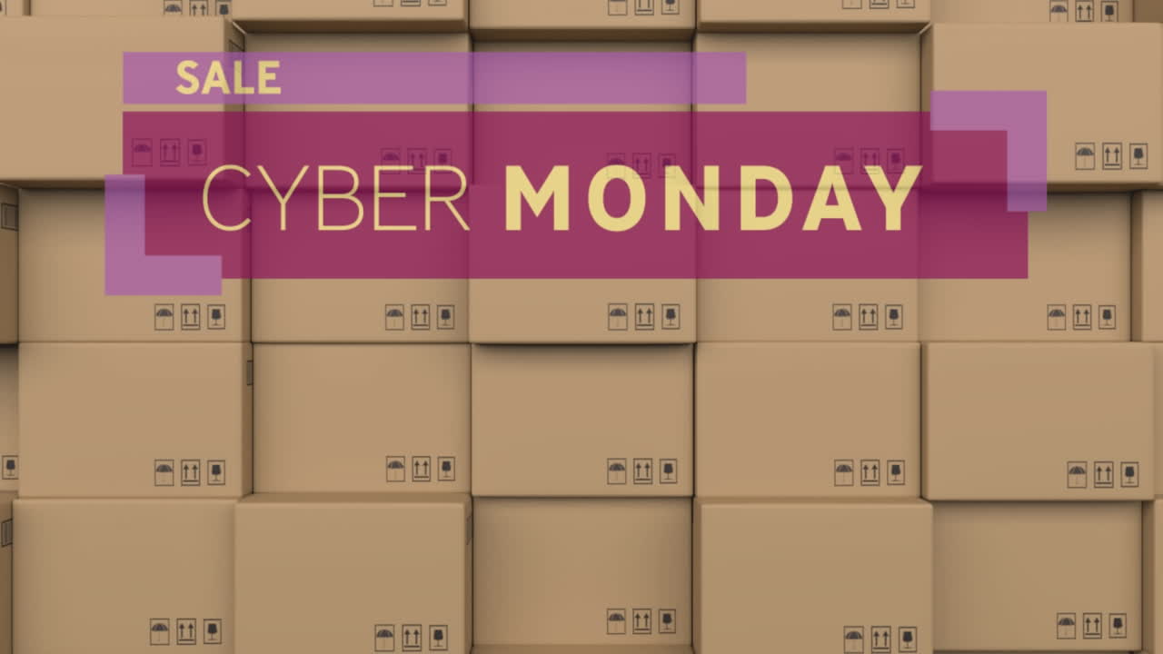 사이버 월요일 텍스트의 애니메이션 창고에 있는 카드보드 상자  ⁇ 어리