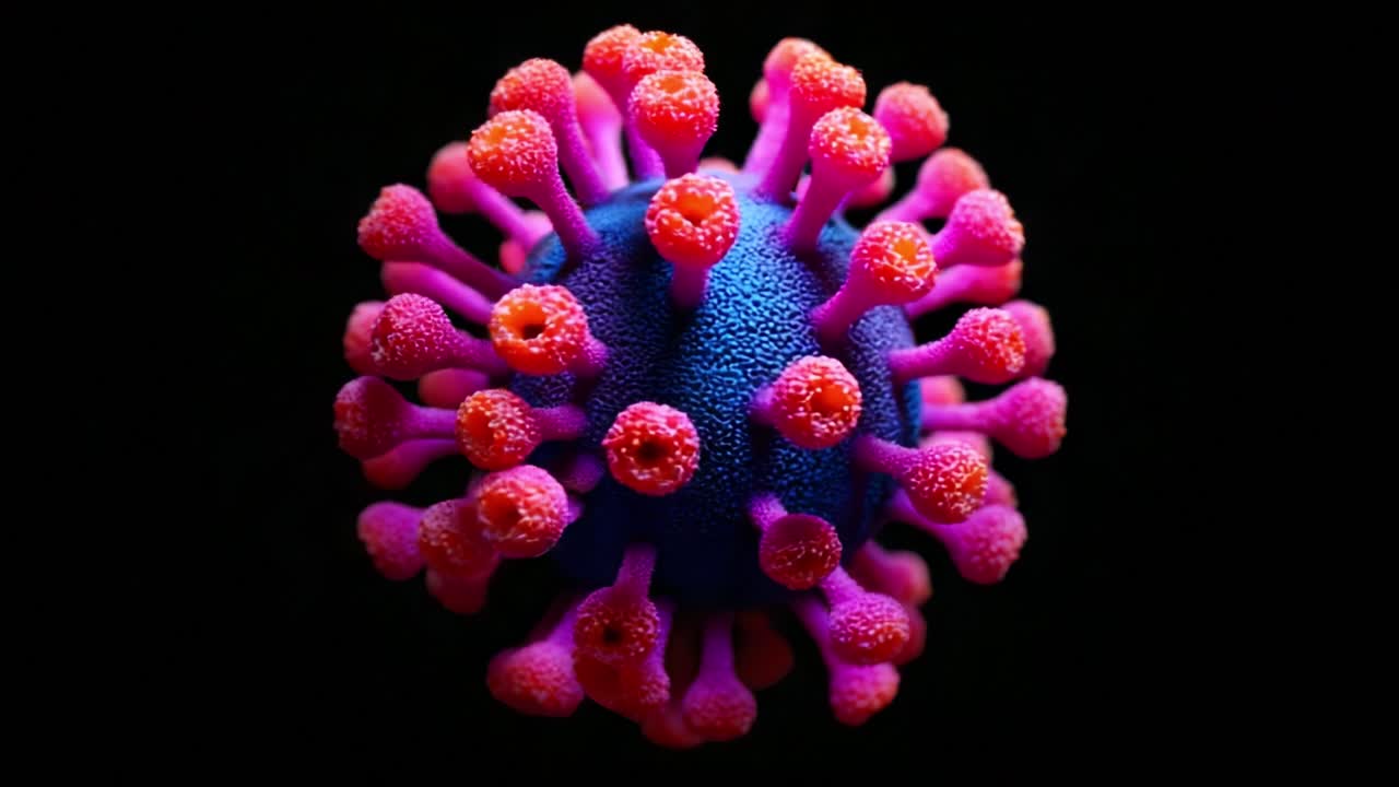 Una visualizzazione straordinaria di una struttura virale: questa immagine ritrae la morfologia complessa e colorata di un virus, evidenziandone le caratteristiche uniche e gli attributi biofisici