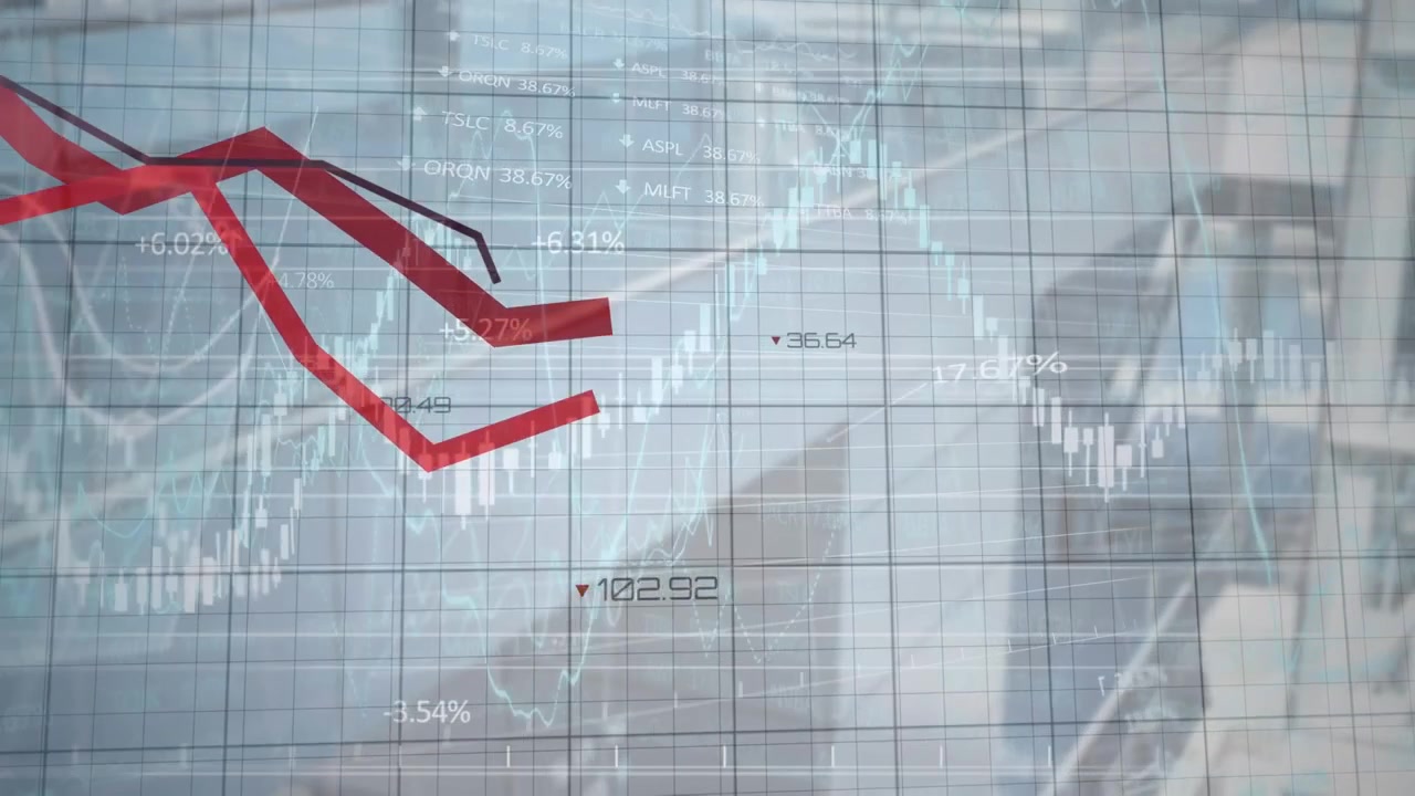 Animation of financial data processing with red lines over office and grid