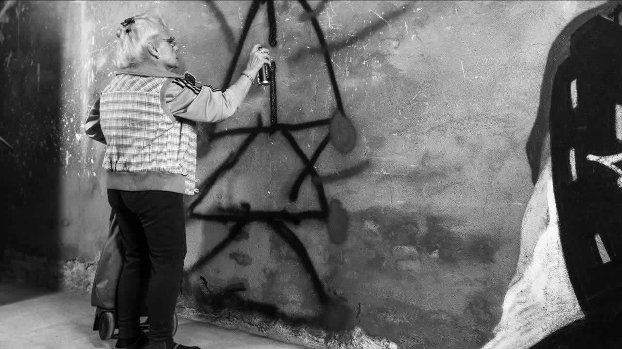 도시 벽 에 대항 하는 반역적 인 할머니 그래피티 예술가