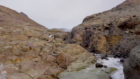 beautiful scenery of a river flowing near rock formations in iceland - tilt up shot