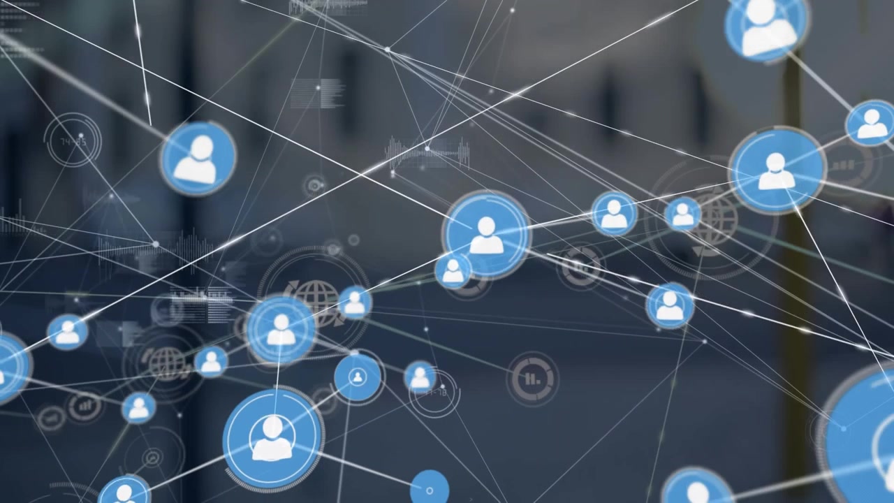 Connessione di rete digitale con icone utente e data analytics