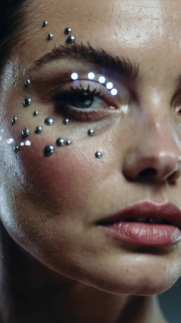 Video verticale: Punti LED in movimento che scorrono sul viso di una modella in studio, mostrando un trucco con perline metalliche.