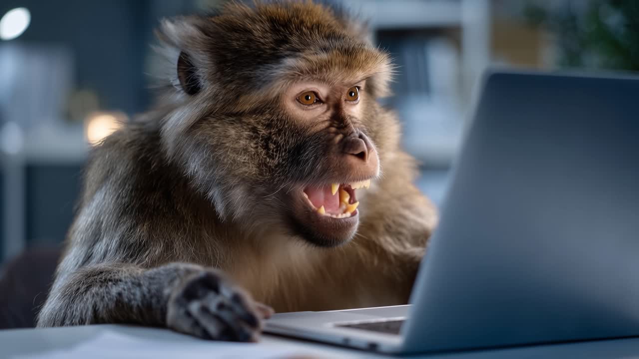 Macaco peludo à mesa, mostrando os dentes. Focado no laptop, com os olhos arregalados. A cena é estressante, frustrante e intensa. Ambiente de escritório com iluminação fraca. Uma imagem humorística, irônica e com a qual é fácil se identificar. O macaco está claramente trabalhando.