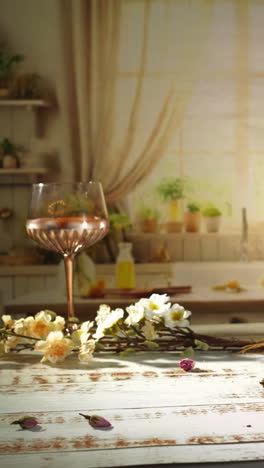 hand gently places a crystal coupe filled with chilled rosé spritz wine and ice cubes onto a rustic white table adorned with cream blossoms, set against a sunlit kitchen backdrop.