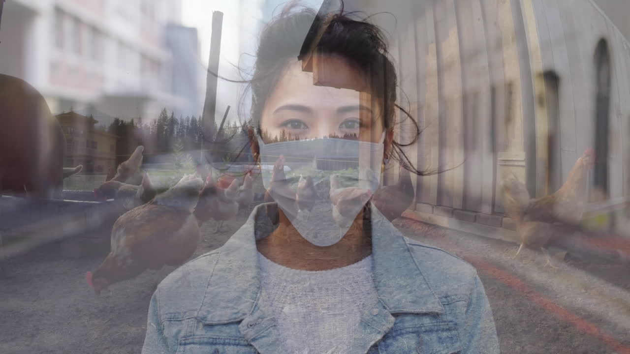 mujer con máscara facial contra cerdos y gallinas comiendo en una granja