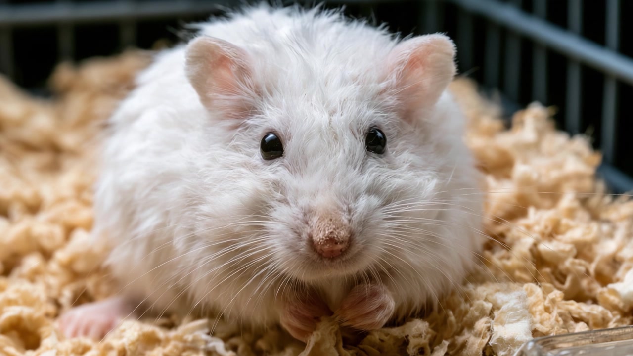 Adorabile criceto bianco nella sua accogliente gabbia: primi piani accattivanti catturano il carattere coccolone e la natura giocosa di questo piccolo compagno peloso