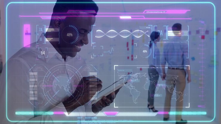Using tablet with futuristic animation, man analyzing data and graphs