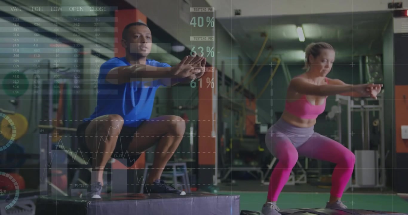 Training duo prepping on boxes, doing jumps, squats, lunges while HUD metrics updating ending back